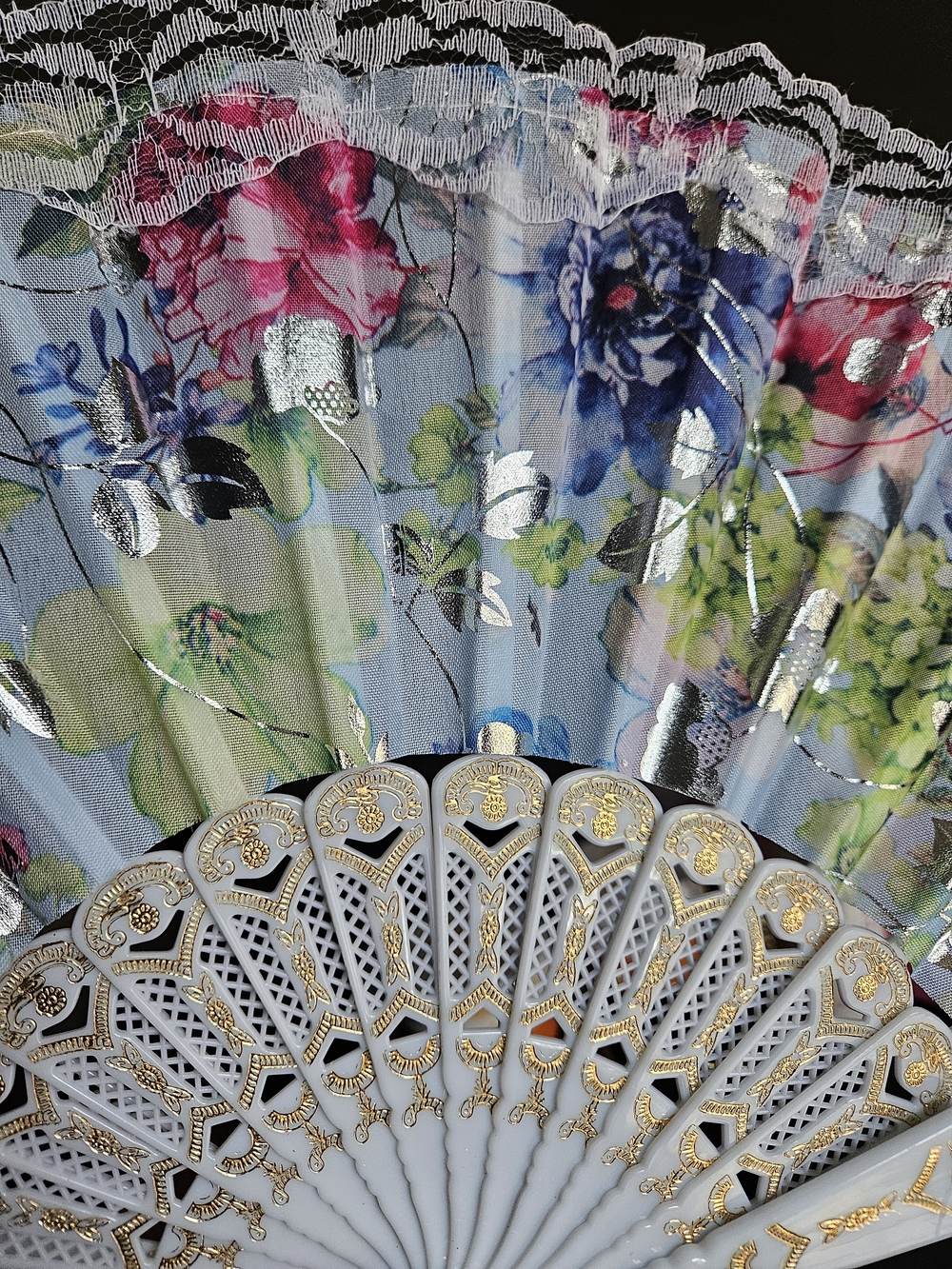 Floral Lace Folding Hand Fan in Light Blue & Gold - Picture 3 of 3